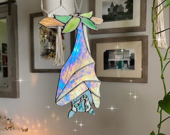 Large Stained glass bat sun catcher ornament, hanging bat, rustic soldered edge, gift, Halloween decor, Teal, Gift