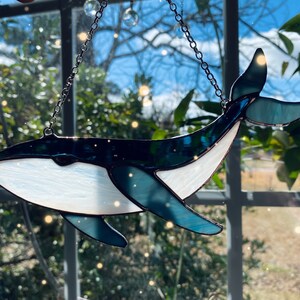 Stained glass whale ornament, sun catcher blue whale, glass ornament, Mothers Day, ocean decor, beach decor image 3