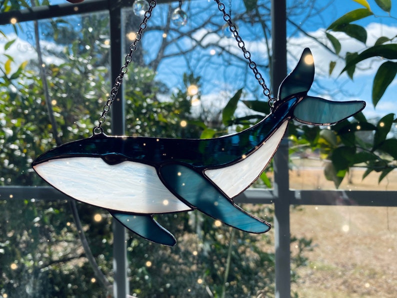 Stained glass whale ornament, sun catcher blue whale, glass ornament, Mothers Day, ocean decor, beach decor image 3