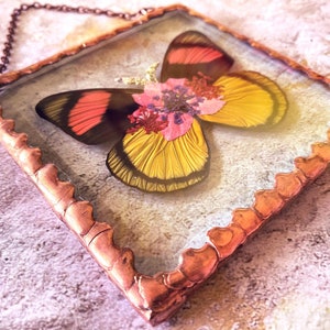 Beautiful Pressed Flower Batesia butterfly Wings Glass Square Ornament with Rustic Style Solder and Vintage Copper Patina, One of a Kind image 4