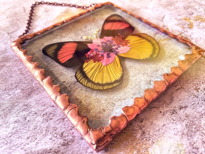 Beautiful Pressed Flower Batesia butterfly Wings Glass Square Ornament with Rustic Style Solder and Vintage Copper Patina, One of a Kind image 4