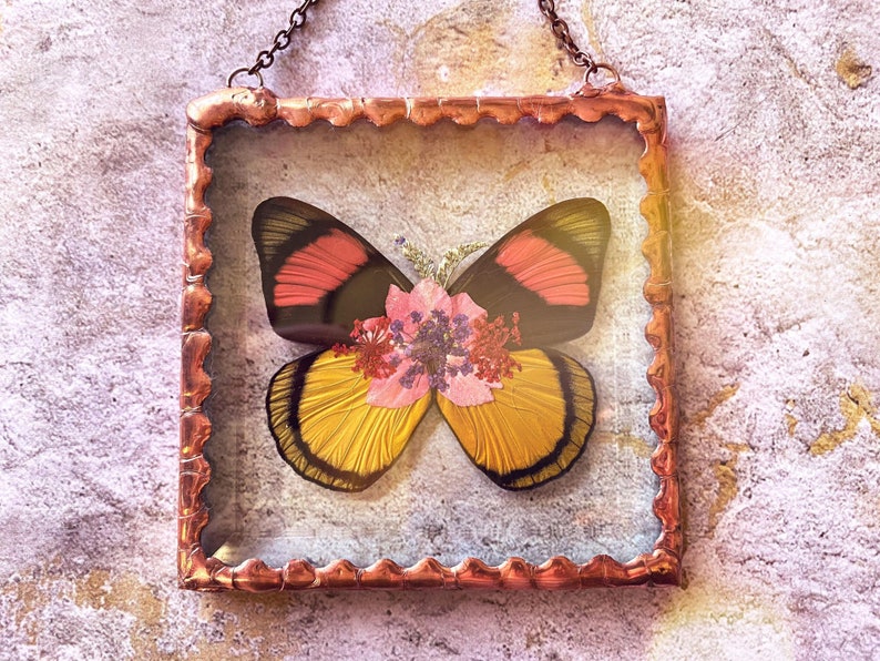 Beautiful Pressed Flower Batesia butterfly Wings Glass Square Ornament with Rustic Style Solder and Vintage Copper Patina, One of a Kind image 1