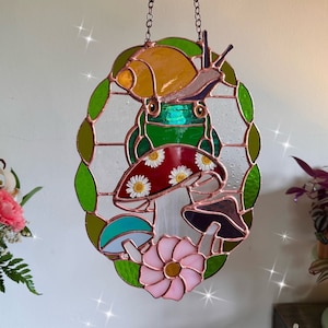 Vitral sapo caracol cogumelo flor coletor de sol painel ornamento presente para ela arte em vidro artista em vidro