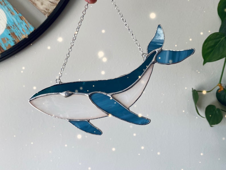 Stained glass whale ornament, sun catcher blue whale, glass ornament, Mothers Day, ocean decor, beach decor image 9