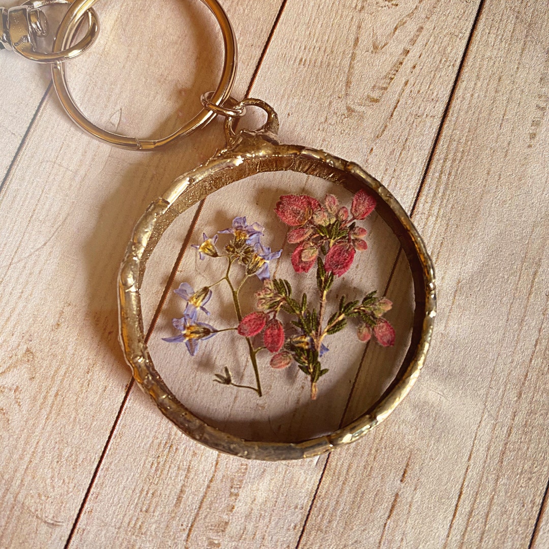 Stained Glass Keychain With Real Pressed Flower Heather and Forget