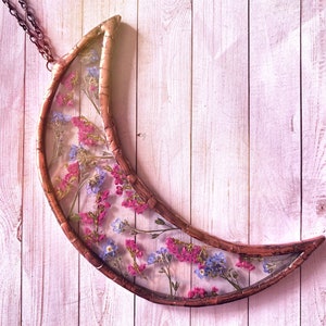 Medium One of a kind crescent moon stained glass sun-catcher with pressed forget me not and heather