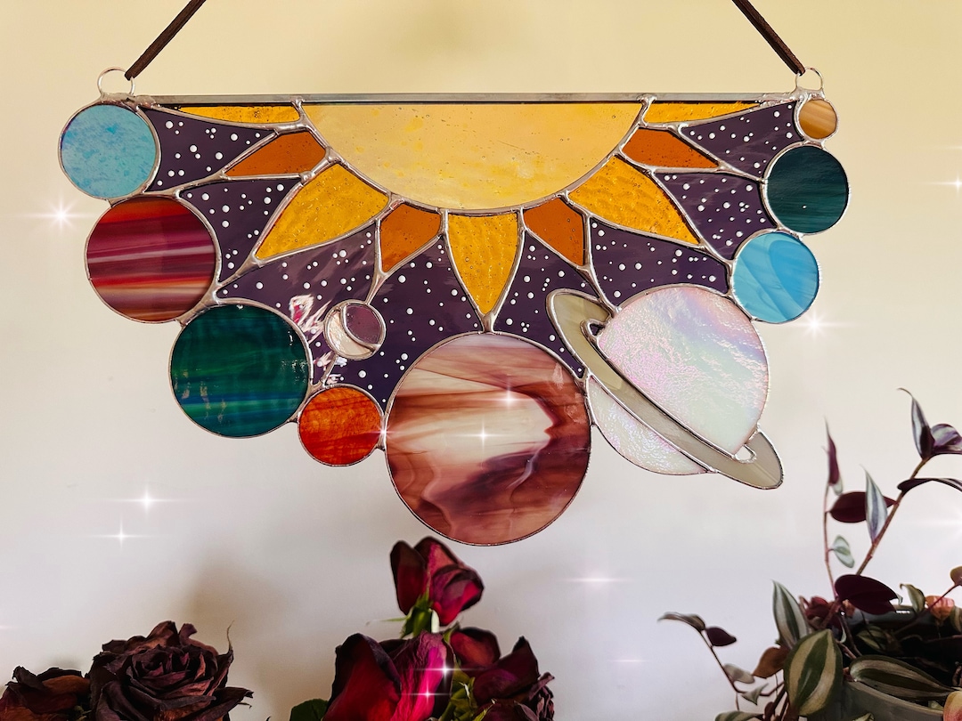 Stained glass solar system galaxy planets panel, sun catcher Jupiter moon, glass ornament, wall hanging, ocean decor, beach decor, gift
