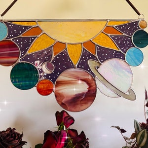 Stained glass solar system galaxy planets panel, sun catcher Jupiter moon, glass ornament, wall hanging, ocean decor, beach decor, gift