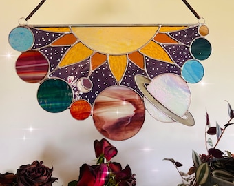 Stained Glass Solar System Panel: Galaxy Planets Suncatcher Wall Hanging