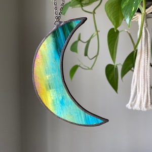 Stained Glass Crescent Moon Ornament: Iridescent Green Glass, Choice of Edge
