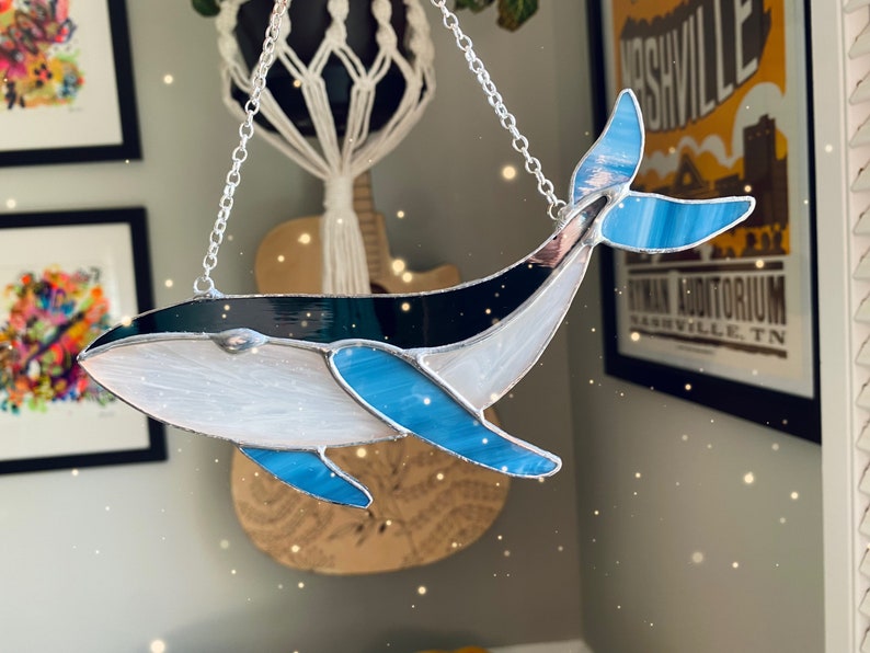 Stained glass whale ornament, sun catcher blue whale, glass ornament, Mothers Day, ocean decor, beach decor image 6
