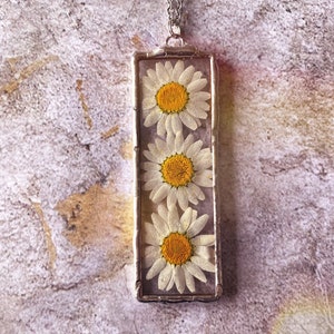 One of a kind daisy stained glass pendant necklace 3 pendant vintage antique rustic aged silver patina and chain image 2