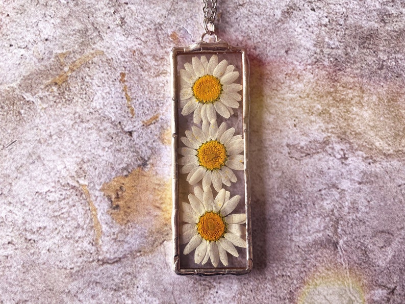 One of a kind daisy stained glass pendant necklace 3 pendant vintage antique rustic aged silver patina and chain image 2