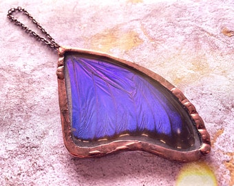 Beautiful Real blue morpho butterfly wing Ornament with rustic style solder and vintage Copper patina