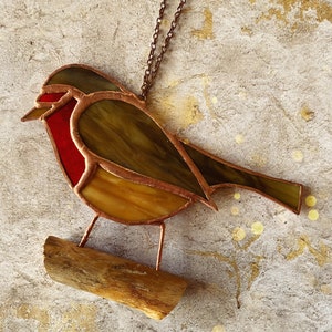 Stained Glass Robin Bird, Ornament, Decoration, Suncatcher, Gift red and brown