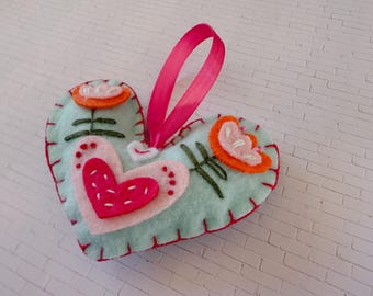 Scandi Felt Heart Christmas Ornament, Embroidered Beadwork