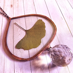 Stained Glass Ginkgo Ornament: Pressed Leaf Crystal Rainbow Maker