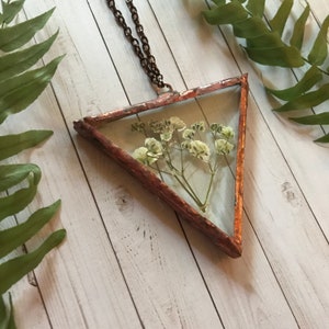 Beautiful Pressed Flower Beveled Glass Triangle Ornament with Rustic Style Solder and Vintage Copper Patina, One of a Kind