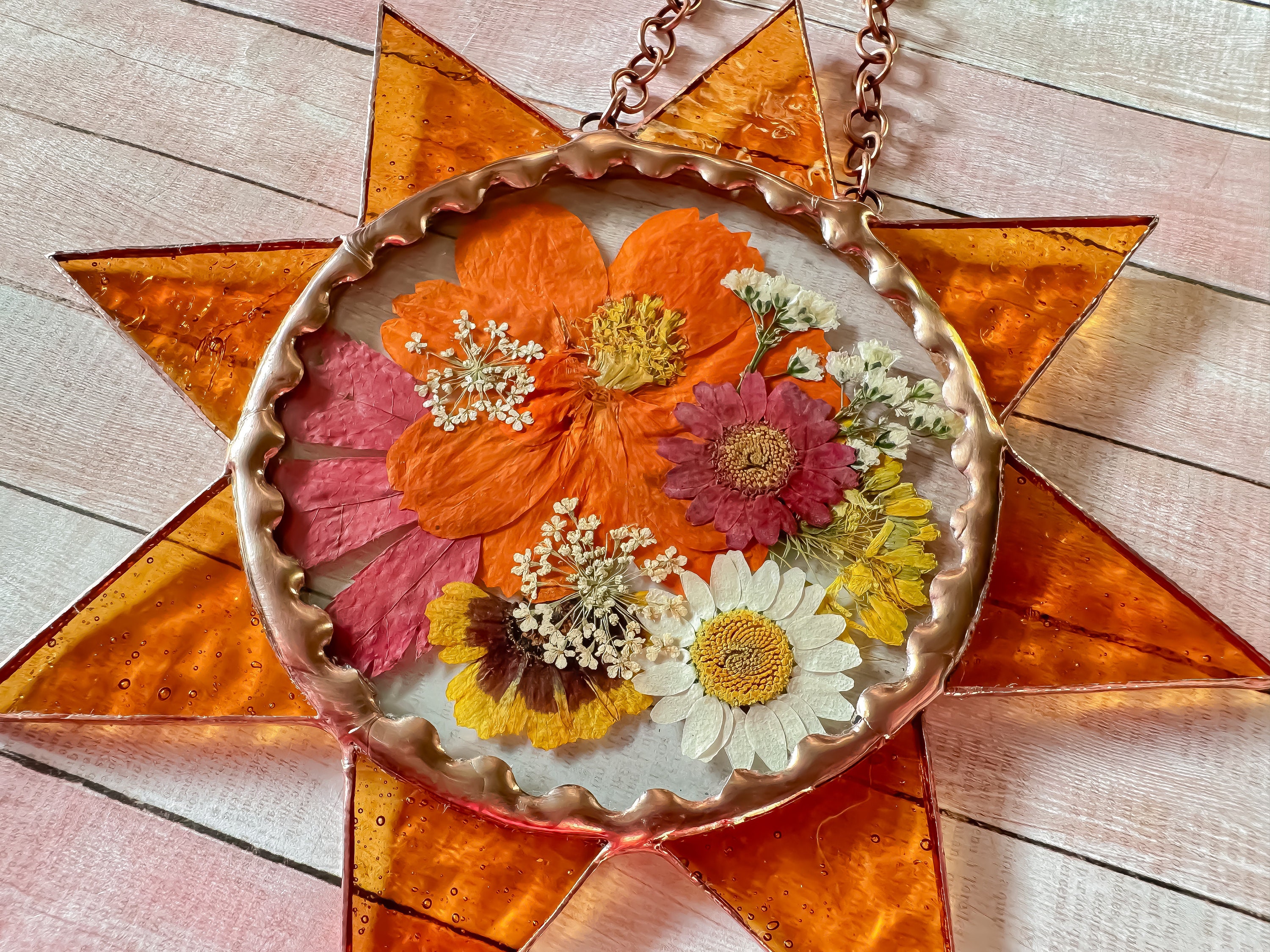 Stained glass sun pendant sun catcher, rainbow making crystal ball, antique copper edging, celestial art, christmas gift for her sunset moth