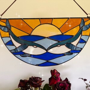 Stained glass whale sunset sunrise panel, sun catcher blue whale, glass ornament, wall hanging, ocean decor, beach decor, gift
