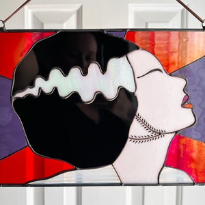 Stained glass bride of Frankenstein panel, sun catcher, horror movie, glass ornament, wall hanging, ocean decor, halloween decor, gift