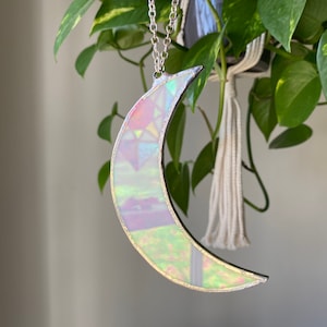 Stained Glass crescent moon ornament, iridescent glass, Decoration, irridescent white glass choice of edge, gift for her, stocking filler