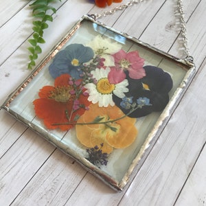 Beautiful Pressed Flower Summer Asssortment beveled Glass Square Ornament with rustic style solder and vintage Silver patina