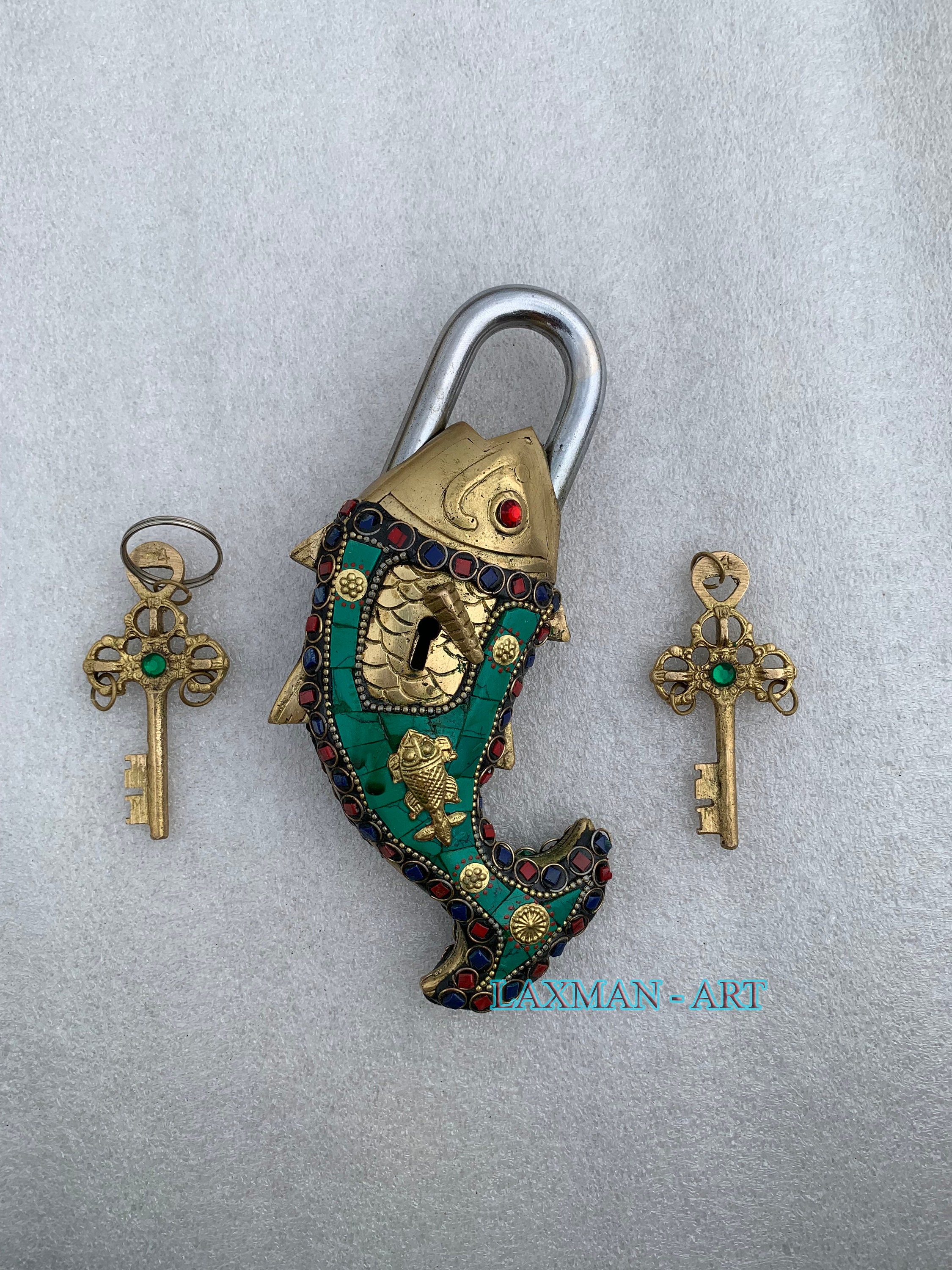 Brass Fish Lock: Handmade Antique Design With Stone Work & 2 Keys - Etsy