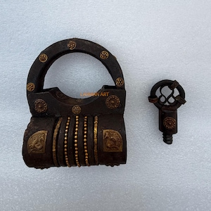 Handmade Antique Brass Padlock: Collectible Iron Cylinder Lock with Key