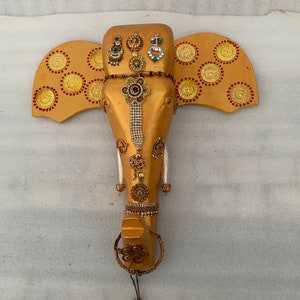 Hand-Painted Wooden Elephant Head Wall Hanging with Brass Jewelry