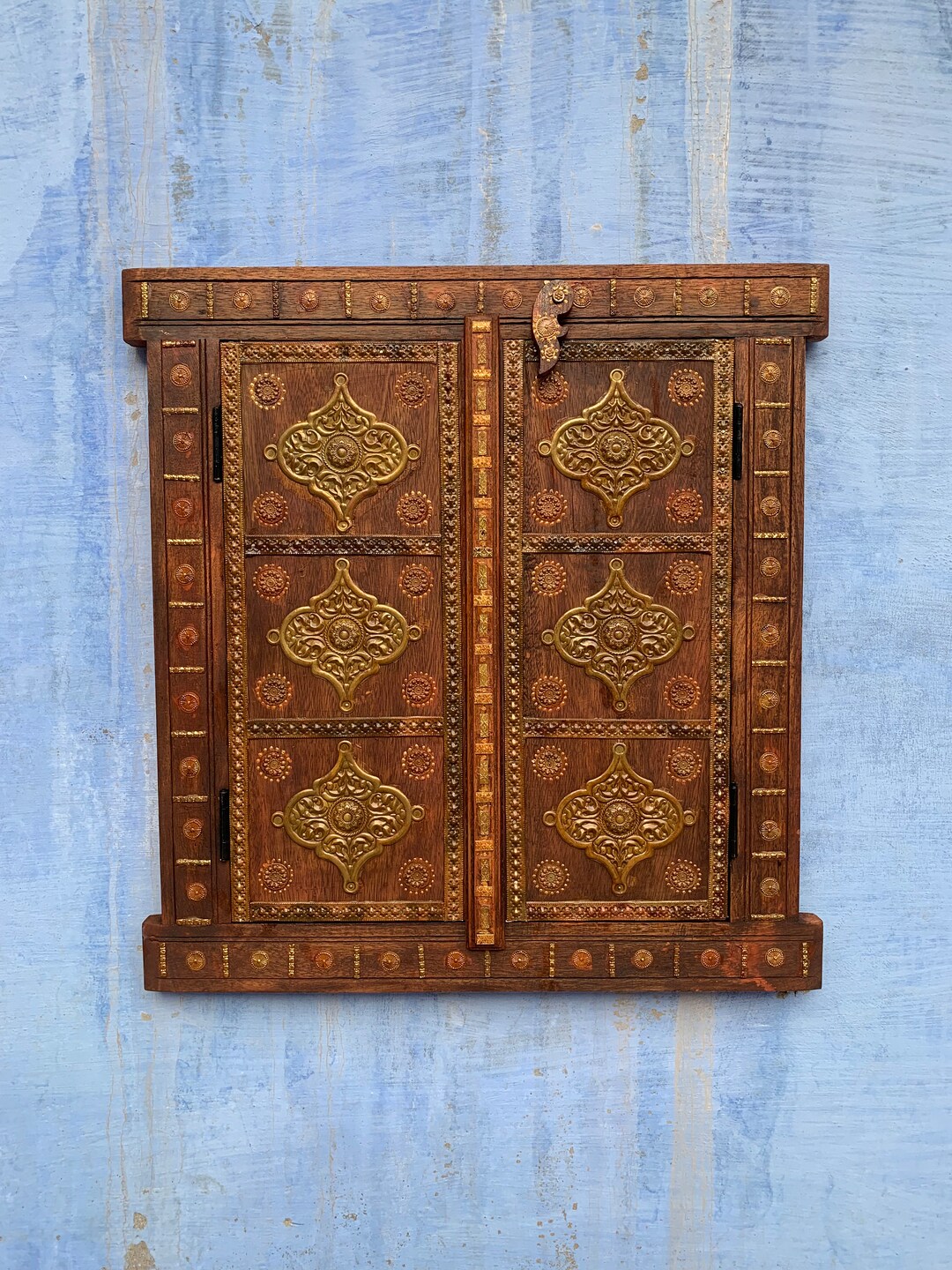 Wooden Window, Vintage Hand Carved Window With Brass Work, Wooden Wall