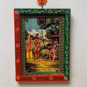Vintage Mahabharata-foto in handgeschilderde houten lijst: Arjuna, Dronacharya, Ekalavya (9 x 12")