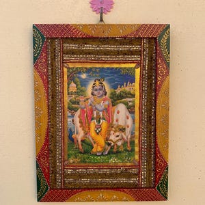 Vintage Bal Krishna Photo: Handmade Indian God Wooden Frame (9x12&quot;)