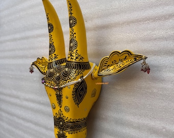 Hand-Painted Wooden Nandi Cow Head: Indian Wall Decor Sculpture - 15 inch
