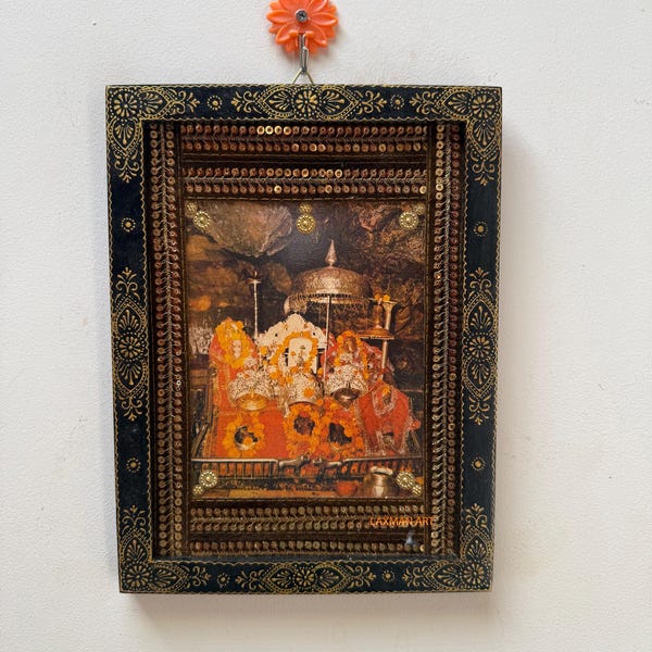 Vintage Vaishno Devi Picture: Hand-Painted Hindu Art in Wooden Painted Frame Wall Decor (9x12")