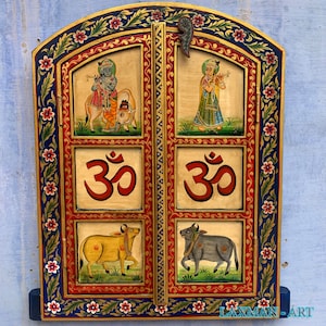 Radha Krishna Hand-Painted Window Frame: Indian Wall Art