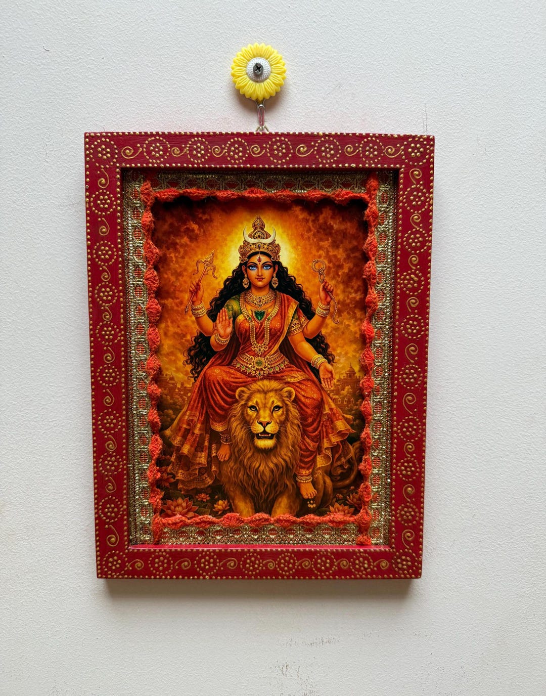 Vintage Durga Mata Picture Frame Hindu Religious Art Painted Wooden ...