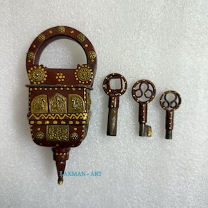 Lock Vintage Painted Rare Metal Iron Square Tricky Puzzle Padlock with 3 key, look Heavy Duty PadLock, Handmade Painting Unique Door lock