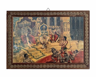 Ravan Sabha Photo, A scene from Ramayana, Indian Gods Vintage Photos, Religious Vintage Photos, Wooden Photo Frame-11x8"