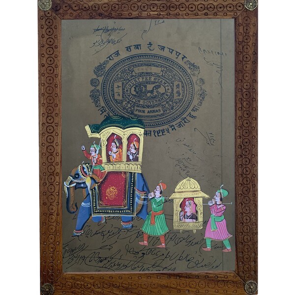 buy old stamp paper online Indian King Queen Procession Painting, Indian Miniature Handmade Painting, Rajasthani Old Stamp Paper Painting Portrait with Frame-10.5x15"