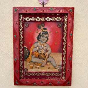 Vintage Bal Krishna Photo Frame: Hand-Painted Wood, Hindu Art (9x12&quot;)