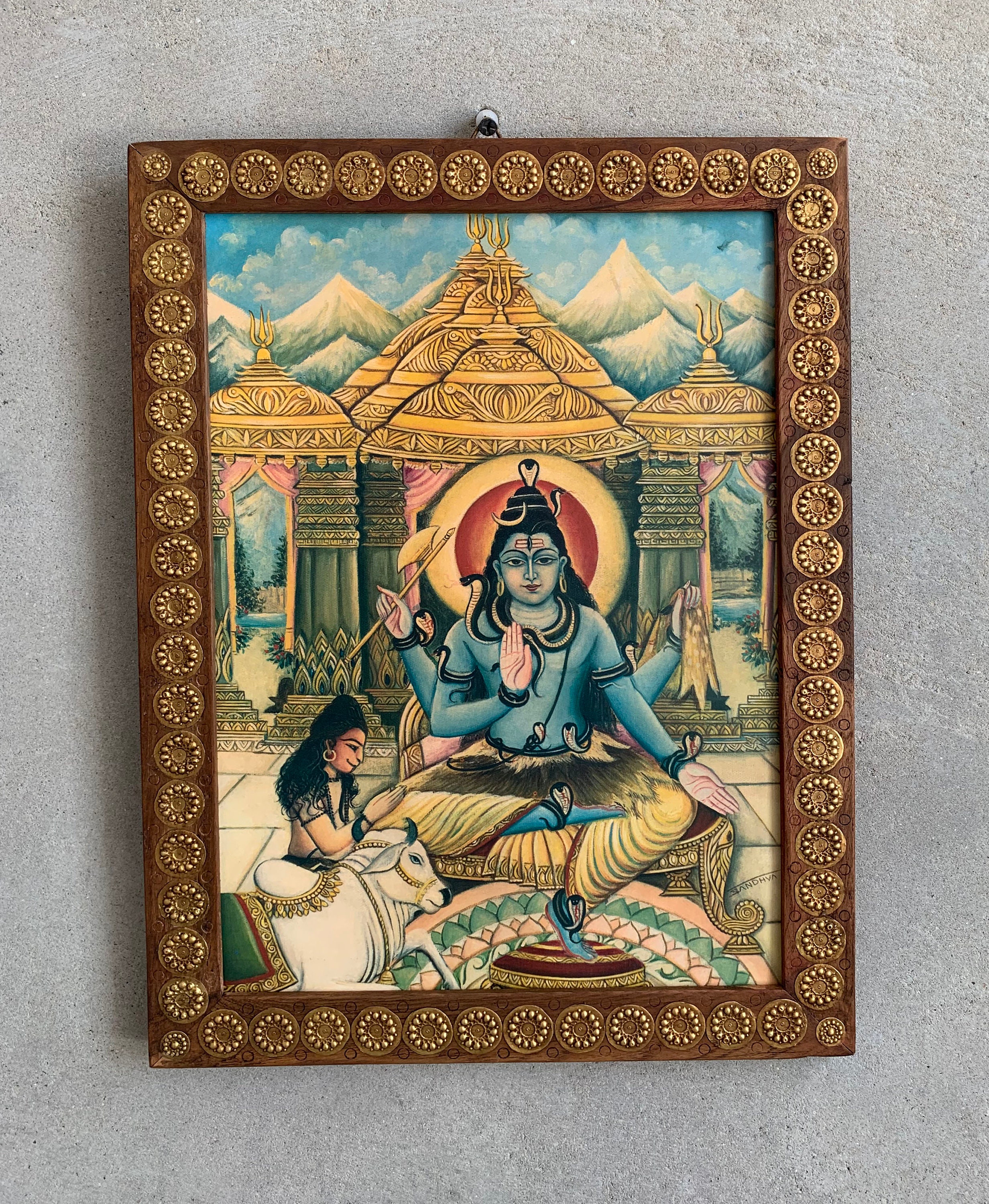 Vintage Lord Shiva Photo Frame: Handmade Indian Hindu Art (11.5x15.5")