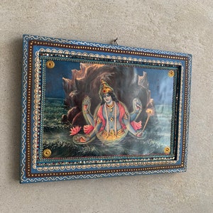 Lord Vishnu Photo, Kurma Avatar Vishnu God, Hindu Religious God Vintage India Picture with Wooden Painted Frame-11.5x8.5 image 2