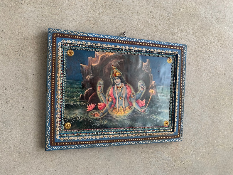 Lord Vishnu Photo, Kurma Avatar Vishnu God, Hindu Religious God Vintage India Picture with Wooden Painted Frame-11.5x8.5 image 2