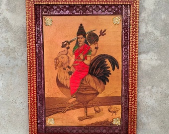 Vintage Photo, Goddess Bahucharaji Mata Cloth Handmade Art work Photo Frame, Wooden Old Collectible Frame,Hindu Goddess Religious-17.5x23.5"
