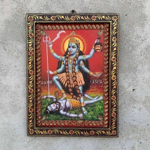 Vintage Kali Mata Photo: Hand-Painted Wooden Frame, Hindu Goddess Art (8.5x11.5&quot;)