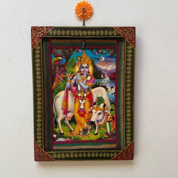 Vintage Lord Krishna Photo in Hand-Painted Wooden Frame: Hindu God Art (9x12")