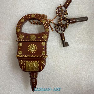 Lock Painted Rare Metal Iron Square Tricky Puzzle Padlock with 3 key, Vintage look Heavy Duty PadLock, Handmade Painting Unique Door lock