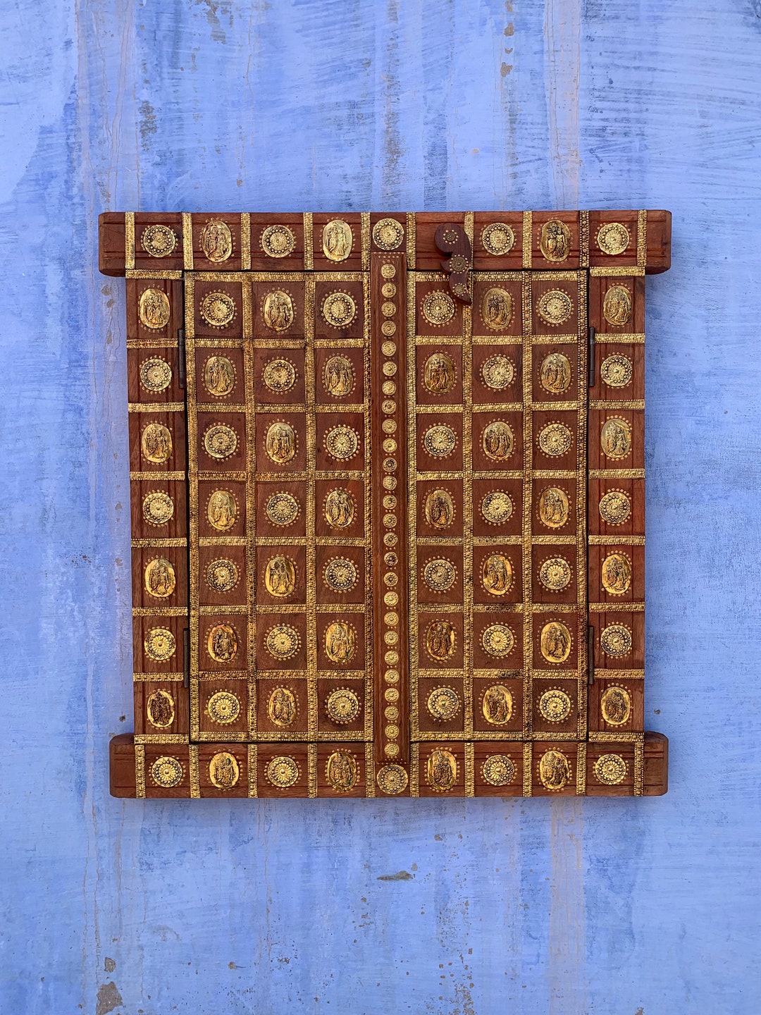 Wooden Window, Vintage Hand Carved Window With Brass Work, Wooden Wall
