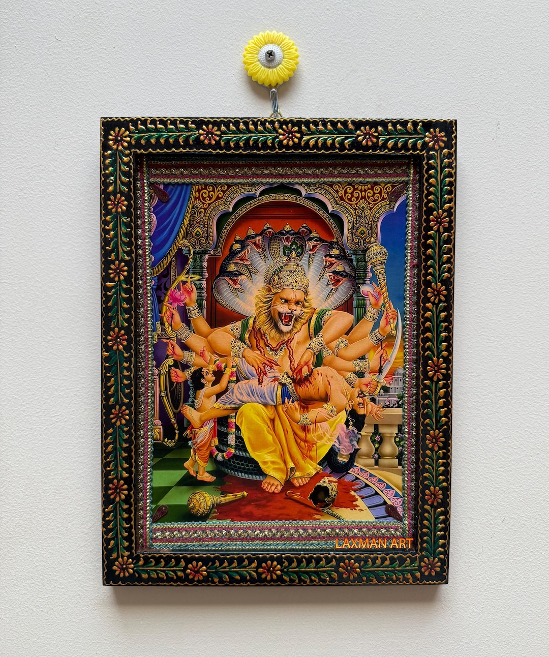 Vintage Narasimha Swamy Picture Frame: Hindu God Painted Wooden Wall ...